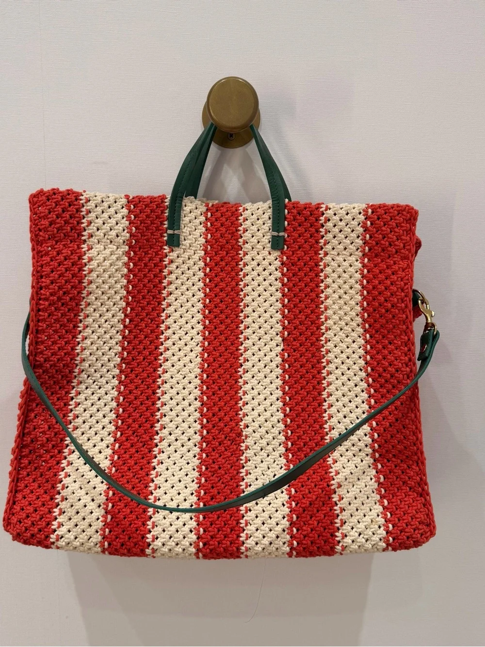 Clare V. Striped Red and Cream Woven Tote Bag with Green Handles - Picture 2 of 5